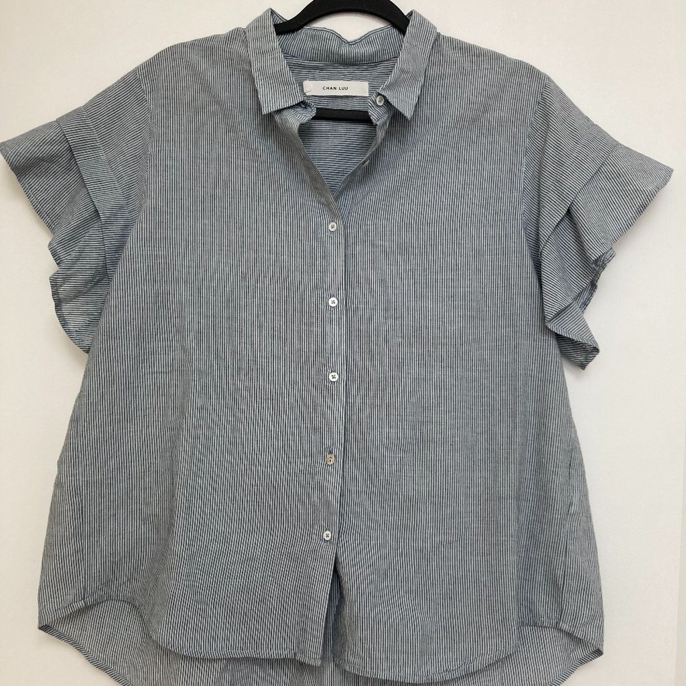Women's Chan Luu Seersucker Ruffled Short Sleeve Shirt Sz S